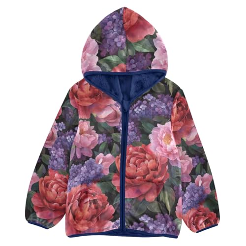 CHIFIGNO Girls Boys Fleece Jacket Red Peonies Purple Flowers Kids Hoodies Toddler Sweatshirt for Toddler Kids with Pockets, 3T