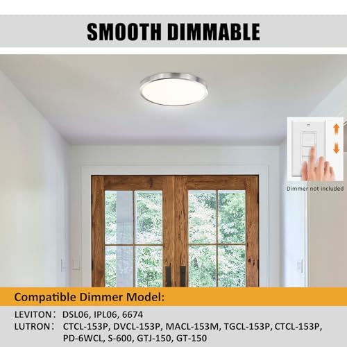 Image of Flush Mount Ceiling Light Fixture, 14 Inch LED Modern Kitchen Light, Slim Dimmable Brushed Nickel Flush Mount Light for Low Ceiling, Laundry, Hallway, Metal and Glass Lighting, 26W, 3000K