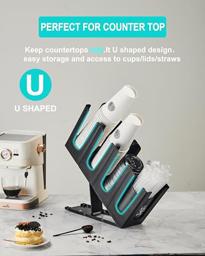 HEWASME Cup Holder Lid Dispenser with Straw Organizer,Disposable Coffee Cup Dispenser,Cup Storage Organizer for Breakroom Countertop Coffee Station Bar Restaurant - Thumbnail 3