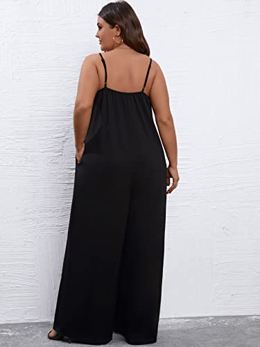Soly Hux Women's Plus Size Wide Leg Cami Jumpsuits Sleeveless Spaghetti Strap Long Pant Rompers With Pockets Solid Black 3Xl #TOP2