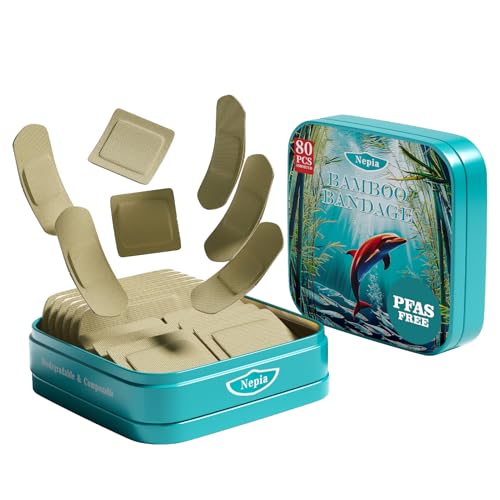 Nepia Hypoallergenic Bamboo Fabric Assorted Shapes Bandages | PFAS Free & Latex Free | Eco Friendly Compostable Bandaids for Sensitive Skin & Scrapes | Flexible Fabric Family Pack (80 Count)