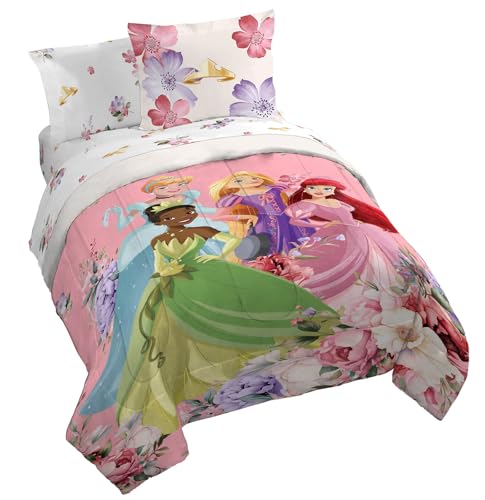 Jay Franco Disney Princess Queen Size Comforter Set - 7 Piece Bedding Includes Sheet Set & Pillow Covers - Super Soft Cozy Floral Bedding with Cinderella and Ariel