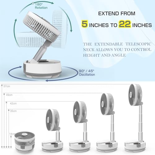 xumemall Foldable Oscillating Pedestal Fan with Remote, 8" USB C Rechargeable 20000mah Battery Fan with LED Colorful Lights, Portable Floor Standing Fan Camping Fan for Bedroom Office Travel White