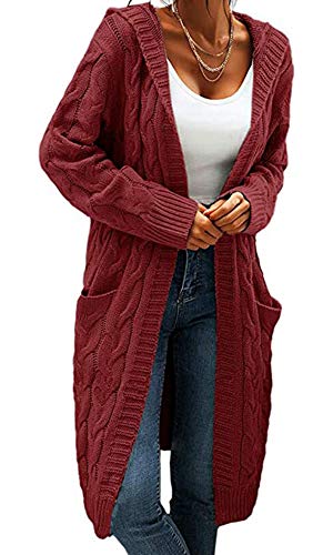 Women Hooded Open Front Cardigan Cable Knit Sweaters Solid Color Chunky Long Sweater Coats