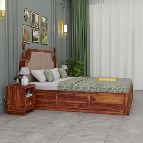 Image of Sheesham Wood King Size Bed with Storage | Solid Rosewood Double Bed for Bedroom | Wooden Palang with Box Storage | Cot Bed Furniture | Classic Bed Honey Finish | 78x72x41 Inch