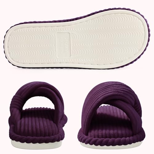 Image of Evshine Summer House Slippers for Women Corduroy Cross Bow Indoor Slippers Open Toe Slip On Bedroom Shoes with Memory Foam