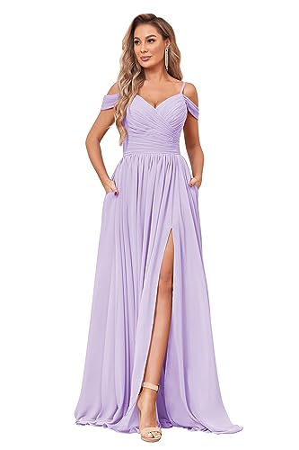 Image of BOLENSYE Off the Shoulder Bridesmaid Dresses with Pockets Ruched Chiffon Long Slit Formal Evening Gown