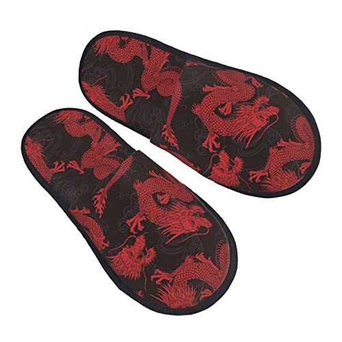 Unisex Cozy Indoor Furry Slipper-Red Chinese Dragon Plush House Slippers Warm Bedroom Shoes