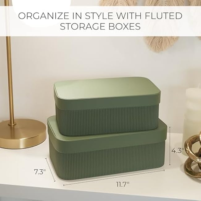 Decorative Storage Boxes with Lids ¨C Set of 2 Beautiful Fluted Cardboard Organizer Bins for Your Home Bookshelf Decor to Safely Store Your Documents, Memory Box Items and Other Keepsakes in Style