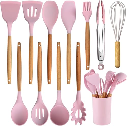 Image of Barebeauty 12 Pcs Silicone Kitchen Utensils Set with Holder Heat Resistant Silicone Spatula | Turner Set Wooden Spoons Kitchen Tools | Cooking Utensils for Nonstick Cookware (Pink)