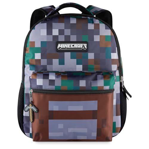 AI ACCESSORY INNOVATIONS Minecraft Backpack for Kids Pixelated Block Print Design with Adjustable Straps 16 Inch Rectangular Daypack 3 Zippered Compartments Water Repellent Polyester