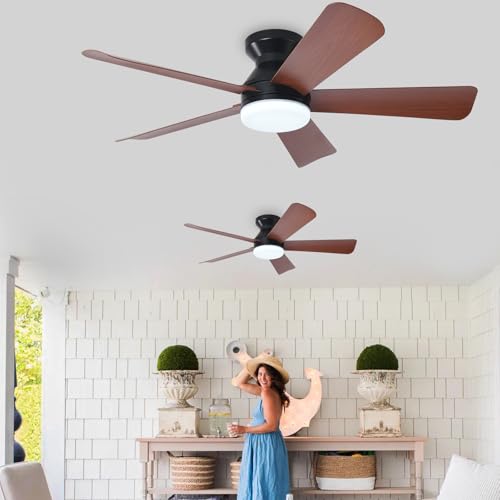 Image of Depuley 42-Inch Ceiling Fans with Light: Walnut 5 Blade Low Profile Ceiling Fan for Kitchen Bedroom - Flush Mount Ceiling Fan for Indoor /Outdoor with Remote Control Reversible Timer - 2 Packs