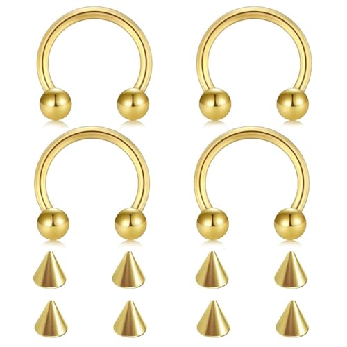 KSJEHW 4 Piezas Anillos de Herradura de Acero quirúrgico de 16 g, Variedad de tamaños, para Nariz, tabique, Herradura, aro, ceja, Labio, Herradura, Piercing para Mujeres y Hombres（Dorado）