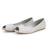 MUSSHOE Peep Toe Flat Shoes for Women, Silver 8