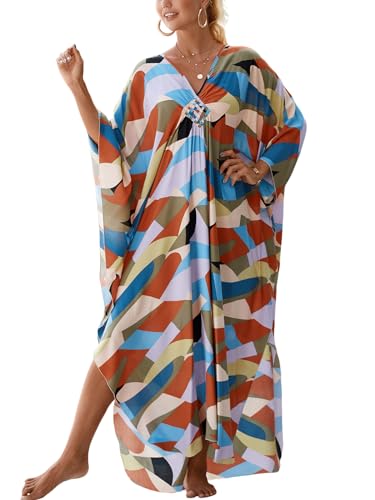Image of IMAGEKOPE Women's Plus Size Animal Print V-Neck Batwing Kaftan Beach Dress Bathing Suit Cover-Up Loungewear