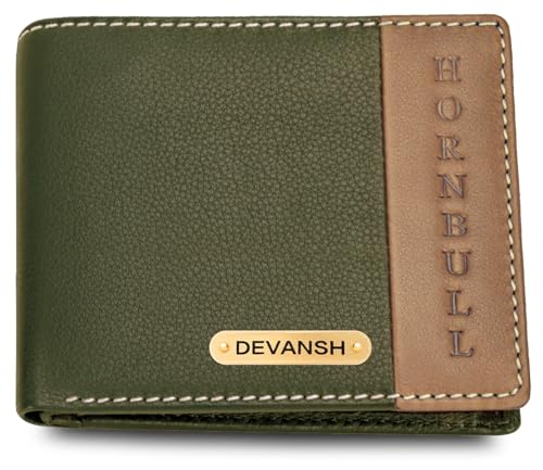 Image of HORNBULL Men's Personalized Wallet I Customized Slim Stylish Leather Purse with Name I Unique Birthday Gift for Men Boy Love Husband (Olive /Mud)