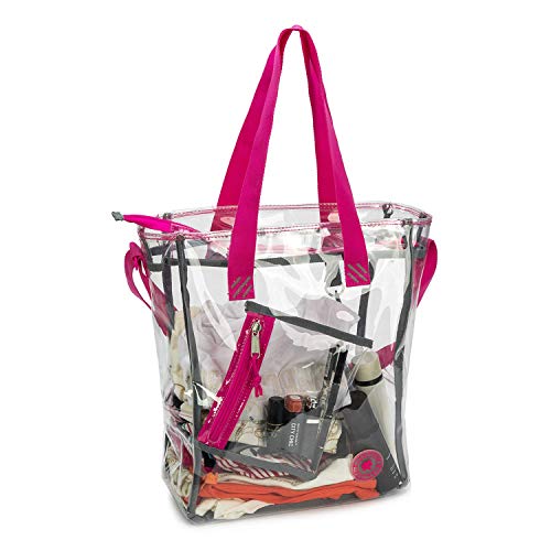 Heavy Duty Clear Tote Bag Quality See Through Messenger Bags With Zipper Durable Transparent Bookbag W/Cell Phone Pouch & Pencil/Makeup Case Hot Pink #TOP2
