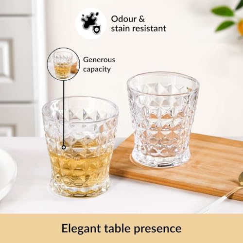 Image of Nestasia Transparent Set of 6 Small Juice Glasses (245 ml Each) - 100% Food Safe & Chip Resistant Raised Square Embossed Tapering Tumblers - Ideal for Water, Tea, Coffee & Refreshments
