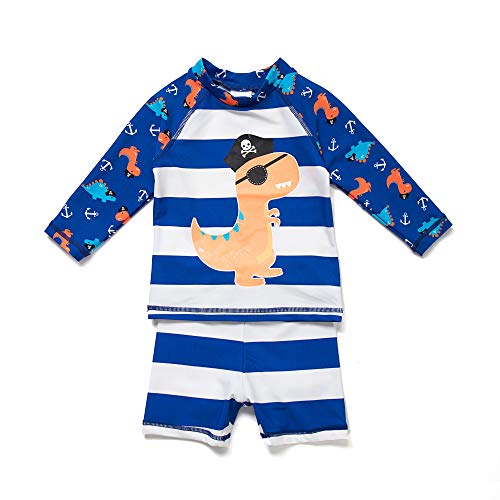Baby/Toddler Boy Swim Trunks and Rash Guard 2-Piece Swimsuit Sets (3-6 Months, Blue Stripes)