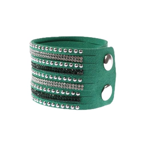 Bracelet enroulé en cuir cachemire avec strass scintillants - Bracelet à breloques réglable (vert), Argent