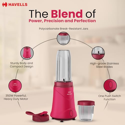 Image of Havells Nutri Power Blender 350 W Mixer Grinder| 1 Speed Switch| Leak Free Sipper Lid| Air Vent Technology| Stainless Steel Blade| 2Yrs Manufacturer Warranty (Pink)