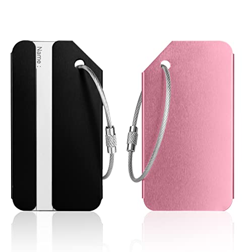 Flintronic 2 peças etiquetas de malas de viagem, etiquetas de bagagem de liga de alumínio de cor brilhante com cabo de aço e cartão de identificação, para viagem, bagagem despachada - preto + rosa