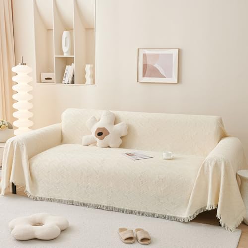 LHGOGO Sofaüberwurf Decke mit Fransen - 180x300cm Doppelseitig Überwurf Sofa 3 Sitzer Gewebtes Muster Decke als Couch Überwurf, Sofa Überzug, Sofadecke - Creme