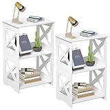 BYFU 3-Tier Side Table Set of 2, Narrow End Table with Storage Shelf, White Nightstand Bedside Table