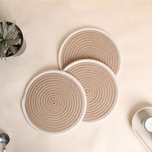 Image of DENOVA Cotton Rope Trivet for Hot Pans and Pot, Heat Resistant Table Mat, Round Handmade, Kitchen and Home Decor, Beige and creame Line Pack of 3