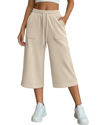 Velvelhall Women's Capri Pants Corduroy Wide Leg Lightweight Sweatpants Lounge Casual Drawstring Cropped Capris with Pockets(X-Large,Beige)