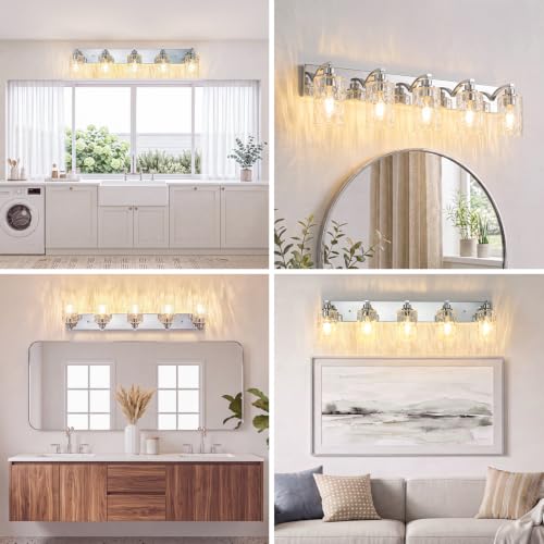 Image of 5-Light Bathroom Light Fixtures Modern Chrome Vanity Lights | Easy to Install Clear Hammered Glass Shades, Rippled Glow, Wall Mount Up or Down, E26 Socket, Hardwired, 120V