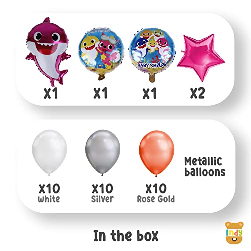 Image of ITAF Set of 35 Pcs Baby Shark Cartoon Theme Birthday / Baby Welcome / Baby 1st First Birthday Foil Balloons Decoration Kit For Girls , Boys, Kids - 1 Blue Shark Foil Balloon ,2 Blue Star Foil Balloons , 2 Printed Fish Faces Round Foil Balloons ,10 White, 10 Rosegold & 10 Silver Metallic Balloons