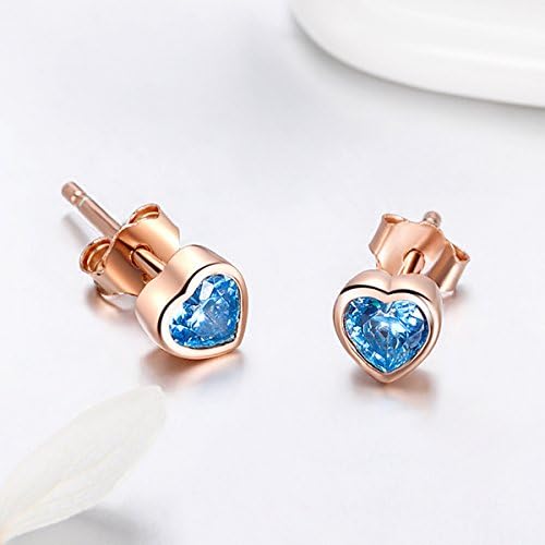 Deyanse 925 Sterling Silver Stud Earring for Women, Small Heart-Shaped Stud Earring, 5mm Love Heart Stud Earrings, Hypoallergenic Rose Gold Sleeper Stud Earring, with Pink/White/Blue Zirconia