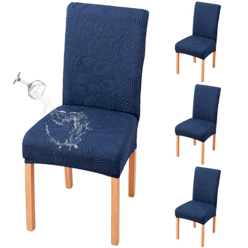 Image of Genina Waterproof Dining Chair Cover Set of 4,Kitchen Chair Cover,Navy Blue | Stretch Dining Room Chair Slipcovers with Leaf Jacquard,Removable Kitchen Chair Protector for Home,Restaurant,Banquet