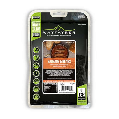 Wayfayrer Sausage & Beans 300g Ready to Eat, Hot or Cold, Meal Pouch Recommended for Duke of Edinburgh's Award Expeditions, Camping, Hiking, Fishing and Outdoor Adventures