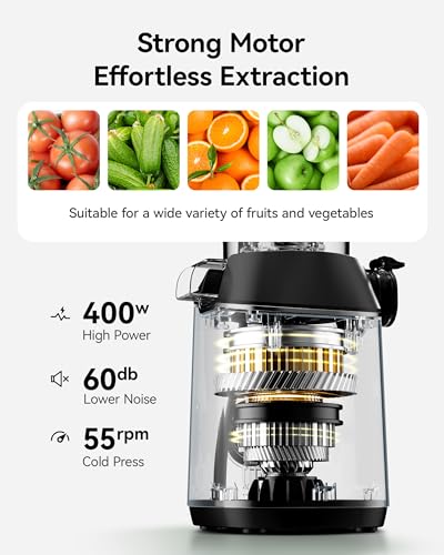 EUHOMY Cold Press Juicer, Extra Large Feed Chute Slow Masticating Juicer De 5,5", Máquinas De Juicer De 400 W, 99,6% De Alto Rendimento De Suco, Fácil De Limpar, Função Reversa, Para Vegetais E Frut - Imagem 6