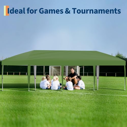 10x30 Pop-Up Awning with 8 Sidewalls - Heavy Duty Outdoor Awning Tent with Portable Rolling Bag - 3 Adjustable Height, 8 Weight Bags, 8 Stakes and 6 Drawstrings, Green