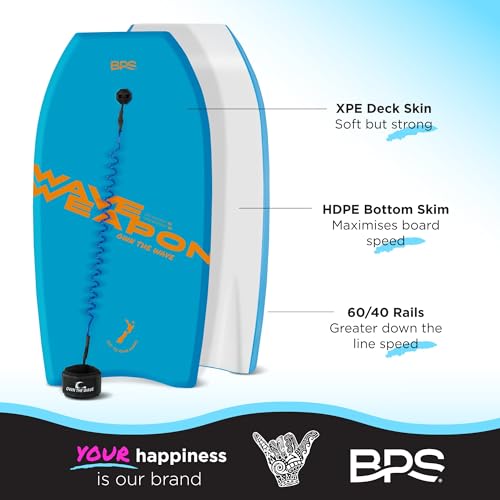 Own the Wave 33" Body Board for Kids and Adults - HDPE Slick Bottom & EPS Core - Lightweight Body-Board for Beach and Surfing - Comes with Coiled Arm Leash and Fin Leash (Blue & Orange)