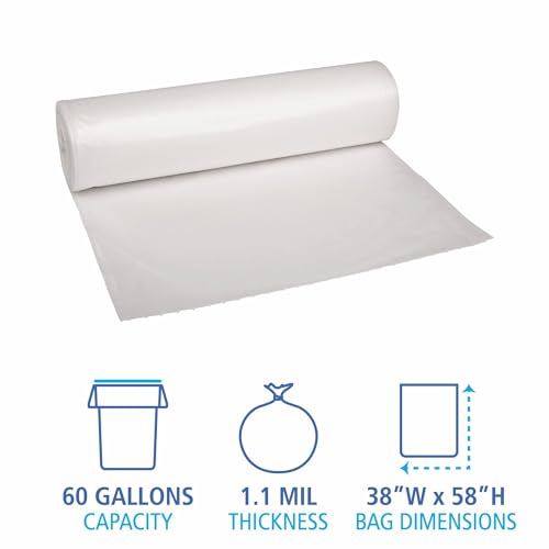 Image of Boardwalk Recycled Low-Density Polyethylene Can Liners, 60 Gallon Garbage Bags, 1.1 mil, 38 inch x 58 inch, Clear, 10 Bags /Roll, 10 Rolls /Carton