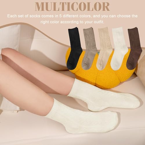 Image of 5 Pairs Wool Socks for Women, Winter Warm Cute Cat Crew Socks