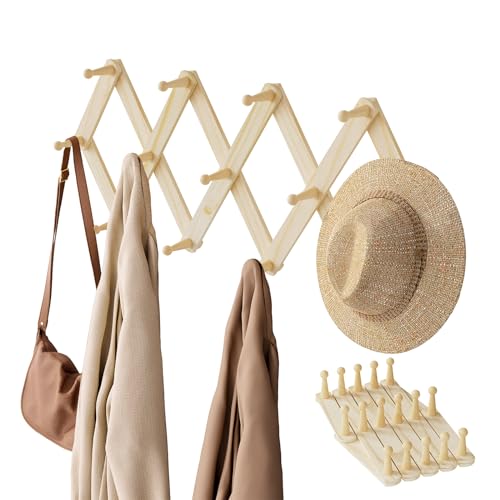 Gumcoly Patère Murale de 14 Crochets rétractables, Porte Manteau Mural rétractable pour Suspendre Manteaux écharpes, Sacs à Main et Autres, Naturel, Pin...
