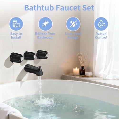 Juego de grifería para bañera con ducha, 3 perillas, acabado negro mate, compatible con Price Pfister Verve, conexiones macho de 1/2" y 3/4" miniatura 5