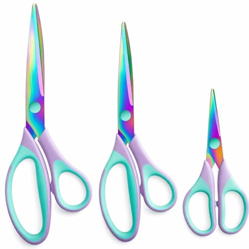 Image of Scissors Set with Titanium Coated Stainless Steel Blades | Set of 3 | Multi-Color Scissors with Soft Grip Handles for Paper, Fabric, Ribbon, Crafting, Office, School & Home Use