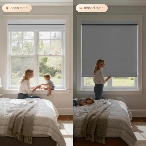 Image of Cordless Blackout Roller Shades, Free-Stop Window Shades Pull Down, Room Darkening Thermal Insulated Fabric Roller Blinds for Indoor Windows Bedroom Office (Gray, 48 inch W x 72 inch H)