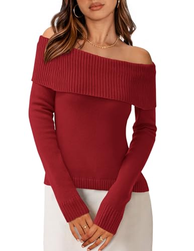 PRETTYGARDEN Off The Shoulder Sweater for Women 2025 Fall Fashion Cute Long Sleeve Tops Winter Ribbed Pullover Knit Outfits