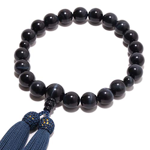 念珠堂 < 日本製 数珠 > 男性用 高級天然石 青虎目石(あおとらめいし) 大玉 極上 20玉 正絹房 【 数珠袋 付】 全ての宗派でお使い頂ける 手作り 念珠 高級 国産 念誦 【創業80余年 老舗数珠メーカー】