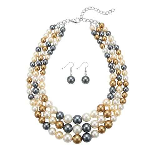 BA UNIQUE FASHION Simulated Pearl Necklace and Earring Set for Women, Multi Strand Beaded Necklace with Drop Earrings, Adjustable Stainless Steel Chain, Statement Jewelry Set (Brown + Grey Mix)