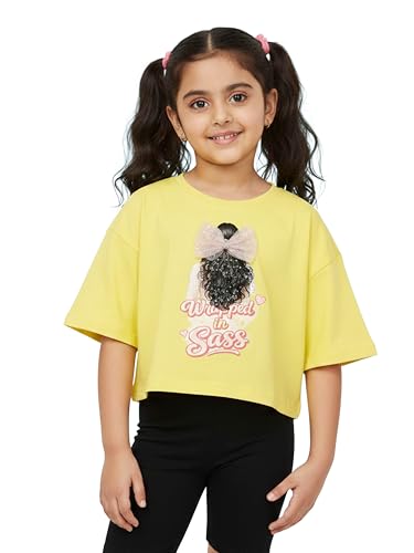 Image of KiddoPanti Girls 100% Cotton Solid Drop Shoulder Half Sleeve Round Neck Crop Tee