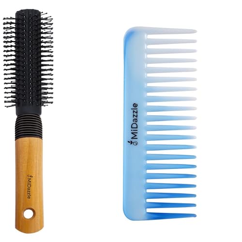 Image of Midazzle Premium Round Wooden Hair Brush with Snow Comb, Set of 2