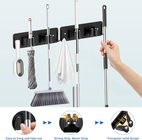 Image of Enclave Stainless Steel Mop and Broom Holder Wall Mounted Adhesive Storage Solutions for Broom mop etc, Garage Storage Systems Broom Organizer. (2 RACK 1 HOOK /BLACK, PACK OF 6)